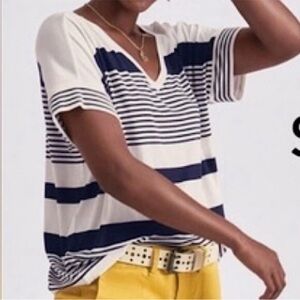 CAbi Navy and White Striped Short Sleeve Top